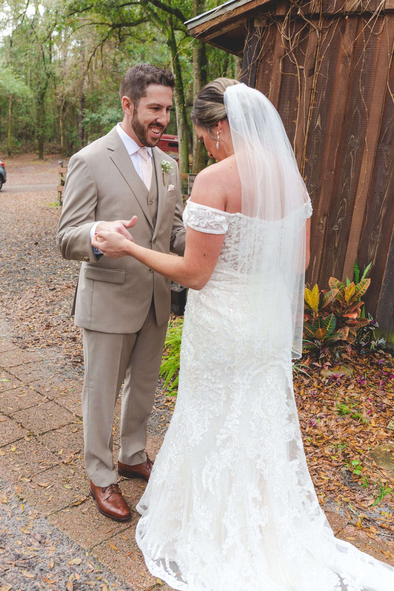 Groom admiring his gorgeous bride.